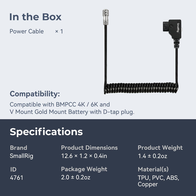 SMALLRIG D-TAP to BMPCC 4K/6K Coiled Power Cable Suitable for Blackmagic Pocket Cinema Camera 4K / 6K for V Mount Gold Mount Battery, Weipu SF6 2 Pin Female to P Tap, 15 inch - 47 inch Length - 4761