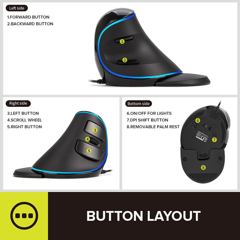 DELUX Wired Ergonomic Mouse with 7200DPI, Vertical Mouse Large with 6 Programmble Buttons, Blue LED Light, On-Board Software and Removable Palm Rest for PC Computer Laptop(M618PU-Black) Black