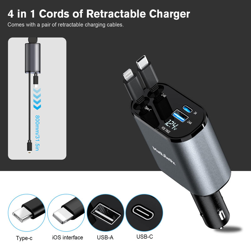 4 in 1 Retractable Car Charger, USB C Fast Charging Adapter[Max100W] with Lightning Cable&Dual Charge Port Compatible with iPhone 15/14/13/12/11 Pro Max Plus/iPad/AirPods,Galaxy,Google