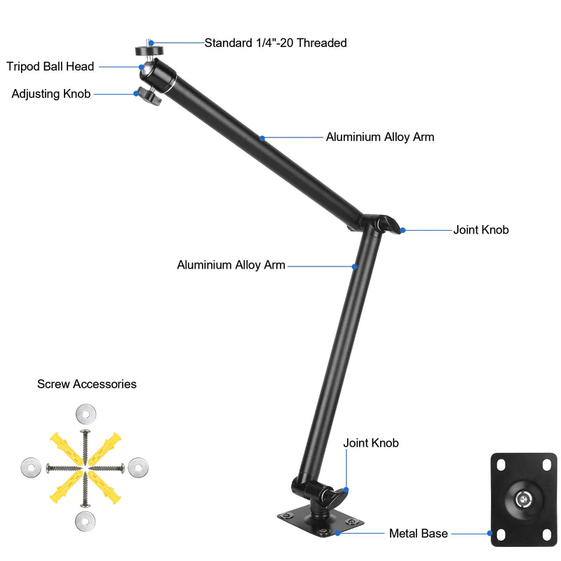 [AUSTRALIA] - Mippko Articulating Camera Wall Mount with 1/4"-20 Threaded Compatible with DSLR/Security/Webcam/Action/LED Light/CCTV POV Camcorder Cameras,Adjustable Aluminium Alloy Arm Metal Base 