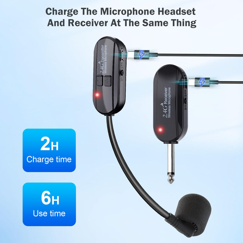 [AUSTRALIA] - Wireless Microphone Headset Double Professional: Cordless Mic Head for Two People, Heads Handheld Mics 2 in 1- USB-C Rechargeable - 1/4'' and 1/8'' Plug for PA System, Voice Amplifier,Teaching,Fitness Black1 