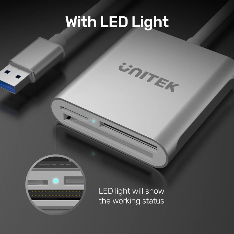 USB SD Card Reader, Unitek USB 3.0 Memory Card Reader Writer Compact Flash Card Adapter for CF/SD/TF Micro SD/ Micro SDHC/MD/MMC/SDHC/SDXC UHS-I Card for Windows, Mac – Aluminum [Upgrade Version] Sliver