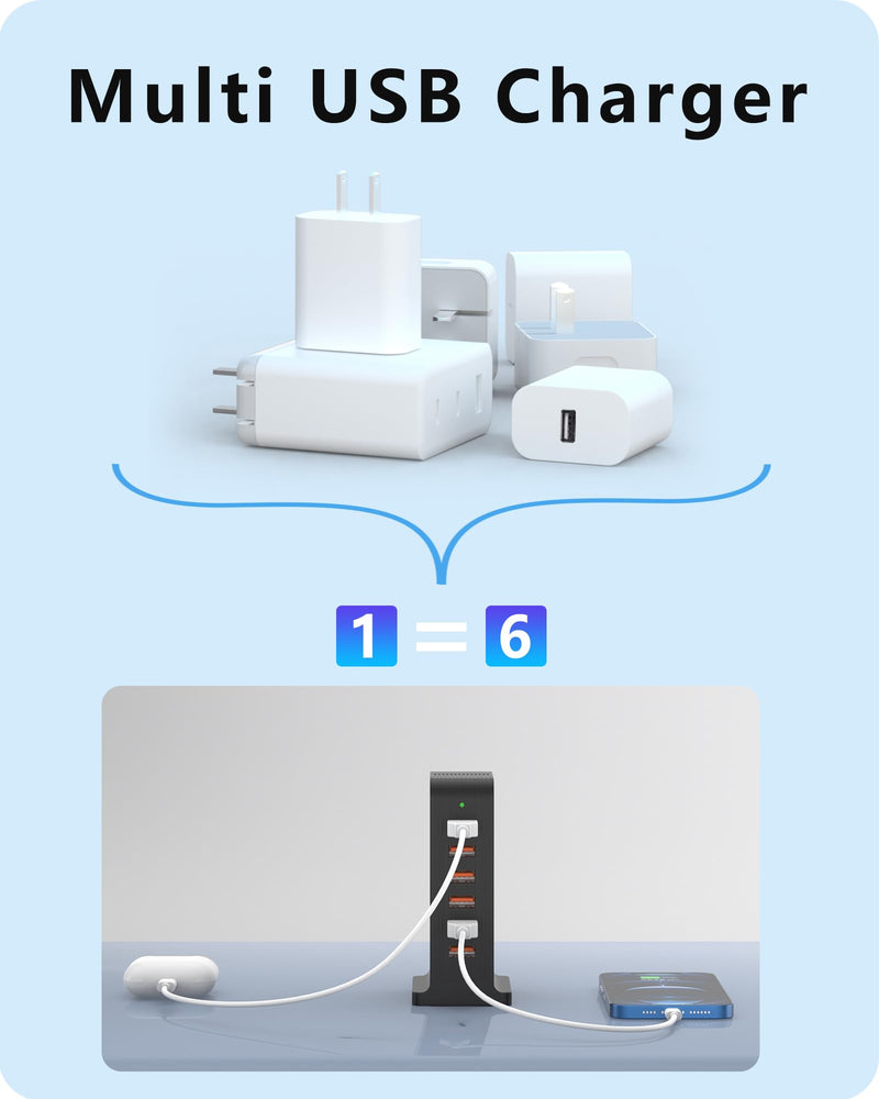 USB Charger 6 Port 50W Multi USB Tower Charging Station for Multiple Devices iPhone 15/14/14 Pro/14 Pro Max/13 Pro/13 Pro Max/Android/Samsung/Tablet,etc(Black USB) black 50W 6A