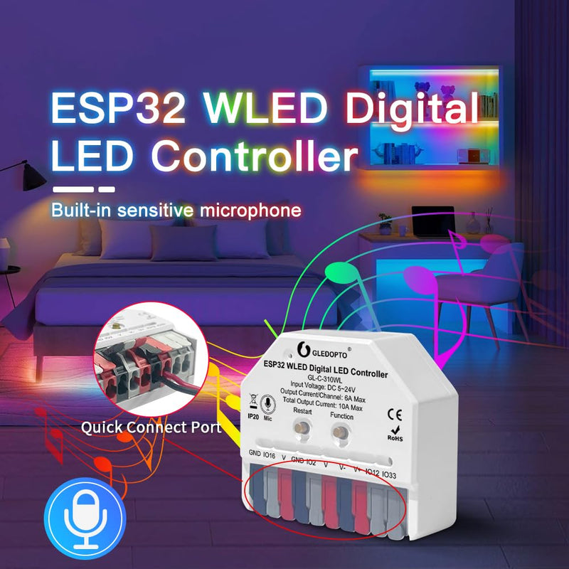 GLEDOPTO ESP32 Mini WLED Controller DIY Music Dynamic RGB Lighting for WS2811 WS2812 SK6812 TM1814 Strips (ESP32 with Microphone)