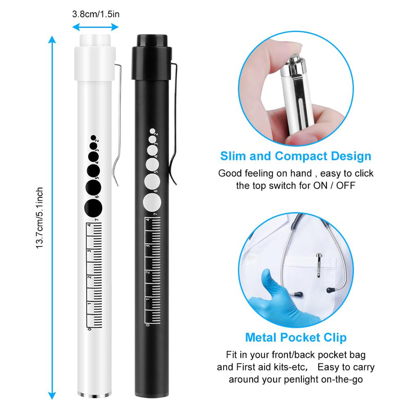 flintronic 2 x Pupil Light Medicine, Diagnostic Light Nurse Emergency Service Accessories with Pupil Meter & Ruler, Rechargeable USB LED Pen Lamp for Nurses Students Doctors #7 White/Black 2pcs