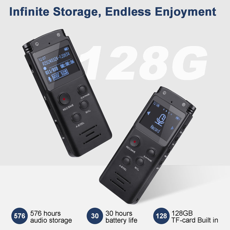 128GB Ultra-Large Screen Digital Voice Recorder Voice Activated Recorder for Lectures Meetings Classes, Audio Recorder with Playback, Password, Variable Speed, Tape Recorder USB Charge, MP3