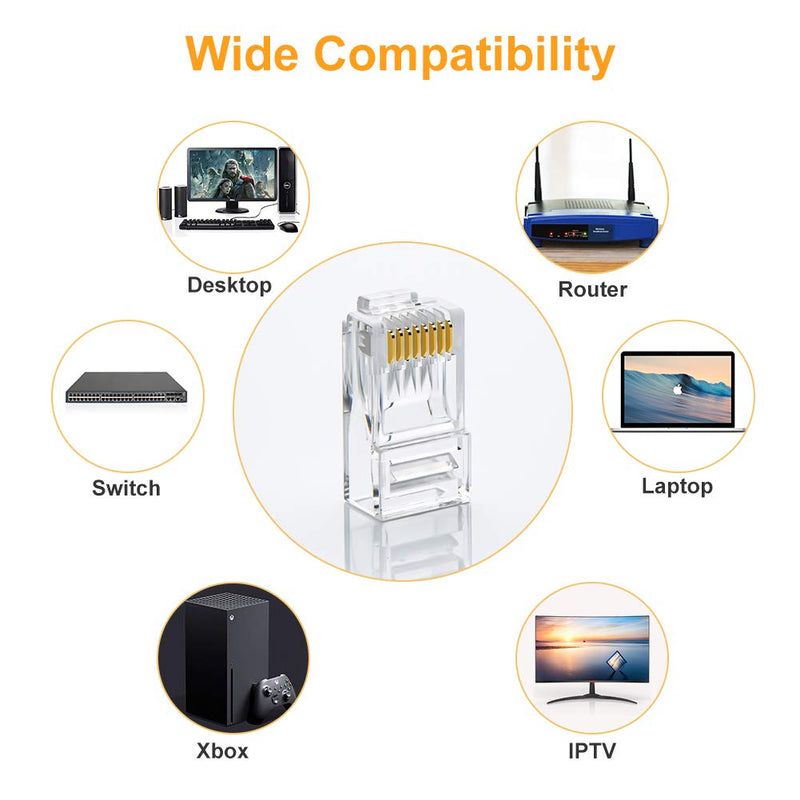 Cat6 RJ45 Ends, CableCreation 100-PACK Cat6 Connector, Cat6 / Cat5e RJ45 Connector, Ethernet Cable Crimp Connectors UTP Network Plug for Solid Wire and Standard Cable, Transparent 100PCS