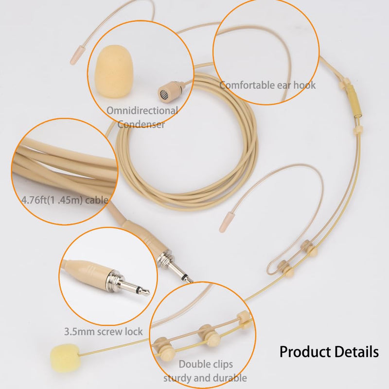 YXG Headworn Earset Over Ear Hanging Mic Beige Low Profile Light-Weight Microphone, with1.45m Cable 3.5mm Thread Screw Lock Head，for Wireless System & Body/Belt Pack Transmitter