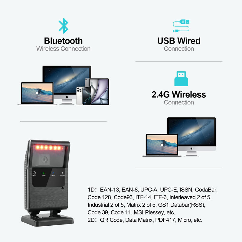 [AUSTRALIA] - OBZ 2D QR Bluetooth Wireless Barcode Scanner Hands-Free Omnidirectional Desktop Barcode Scanner, Bluetooth 2.4G USB Wireless Barcode Reader for Supermarket, StorePOS,PC Rectangle 