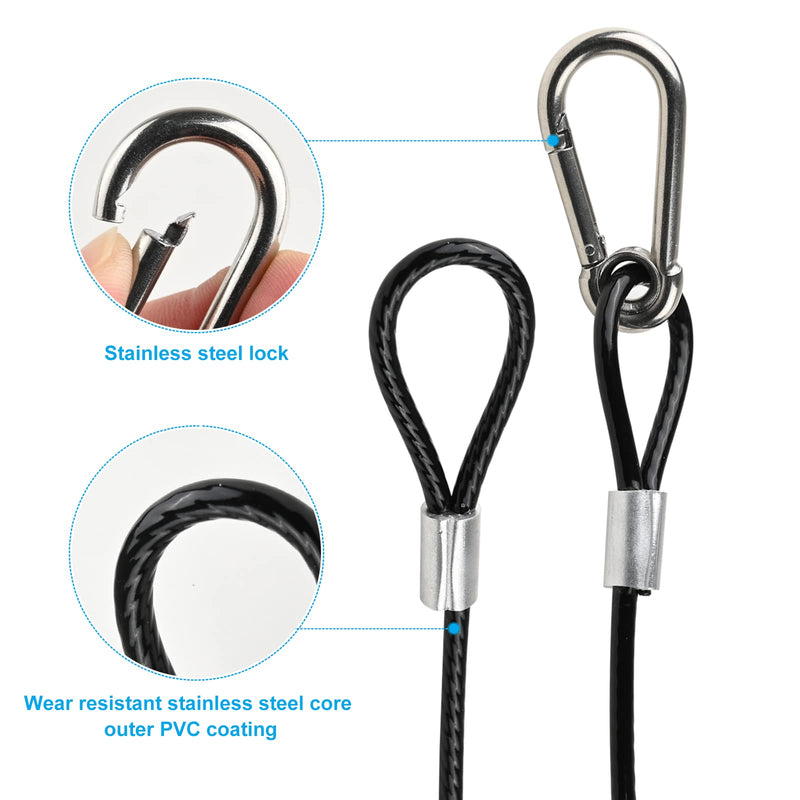 39.4" Safety Cable Black Coated Stainless Steel Security Cable with Carabiner Lock, 110lb Safety Rope for DJ Stage Light LED Par Light Moving Head Light Bicycle Luggage(4 PCS)
