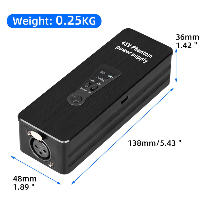 Depusheng Phantom Power Supply 48V/12V Switch, Rechargeable Portable Phantom Power for Condenser/Interview Shotgun Microphone, Audio Interface, Recording Studios, Up to 40h Working Time