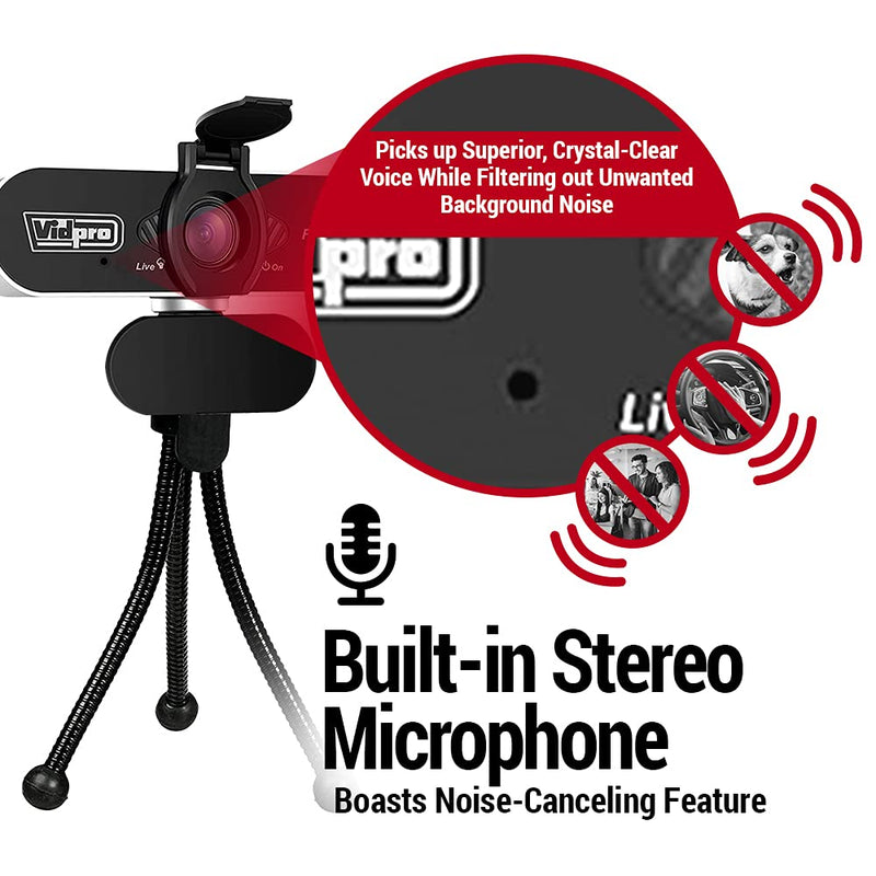 Vidpro CM-HD 1080P Full HD Webcam with Built-in Microphone and Mini Tripod - Plug and Play 85-Degree FOV USB Webcam with Noise Canceling Filter Perfect for Video Calls Meetings Live Streaming Gaming