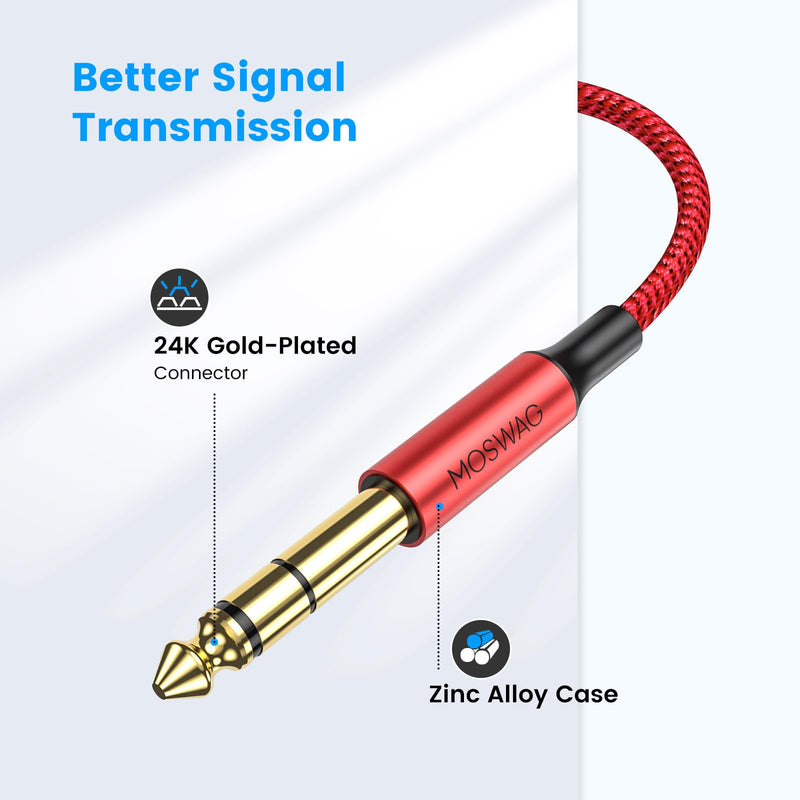MOSWAG 6.35mm to 6.35mm Stereo Audio Cable 33ft, Straight 1/4" TRS Audio Guitar Male Jack Instrument Lead with Nylon Braided for Electric Guitar, Bass, Amplifier, Mixer, Keyboard, Speaker 32.8FT/10M Red