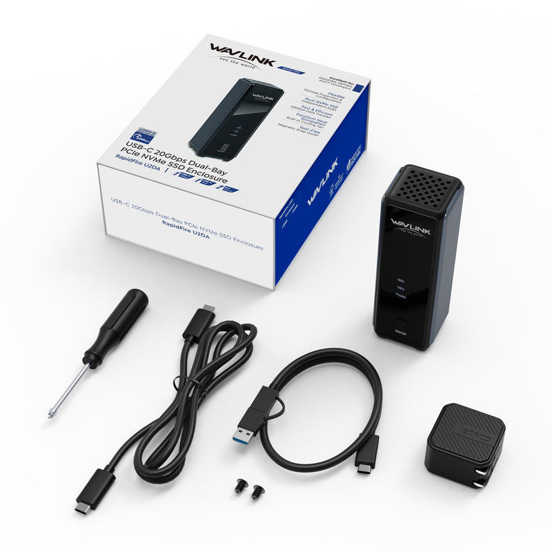 WAVLINK M.2 SSD Enclosure, 20Gbps Dual NVMe Enclosure for NVMe M-Key/B+M-Key SSDs, Tool-Free M.2 Enclosure for PCIe 2230/2242/2260/2280, RAID 0, PD 20W, with Active Cooling Fan, up to 8TB per Drive 20Gbps No Offline Cloning