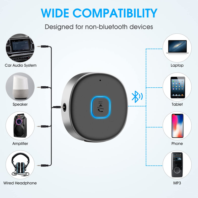 Bluetooth Receiver, LAICOMEIN Bluetooth Aux Receiver, Portable 3.5mm Aux Car Adapter, Bluetooth 5.0 Wireless Audio Receiver for Car/Home Stereo/Wired Headphones/Speaker, 16H Battery Life