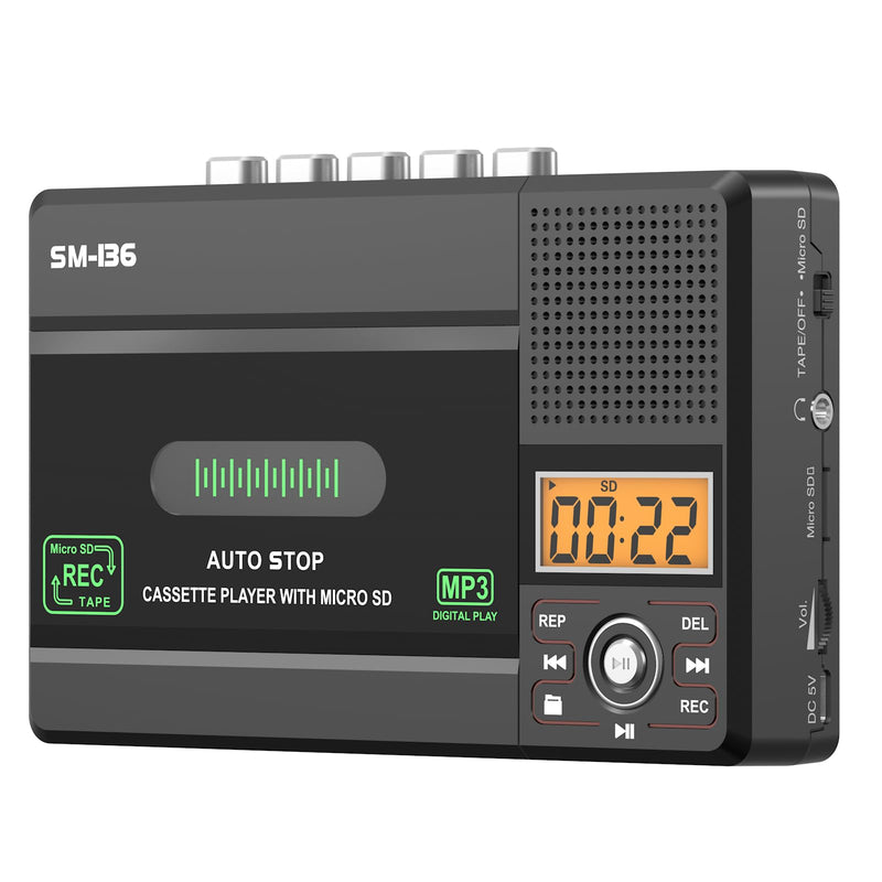 Portable Cassette Tape Player Recorder, Walkman Audio Cassette to Digital Converter via USB C or SD Card, LCD Dispaly, Build-in Microphone, Headphone Jack, Speaker, 16GB SD Card
