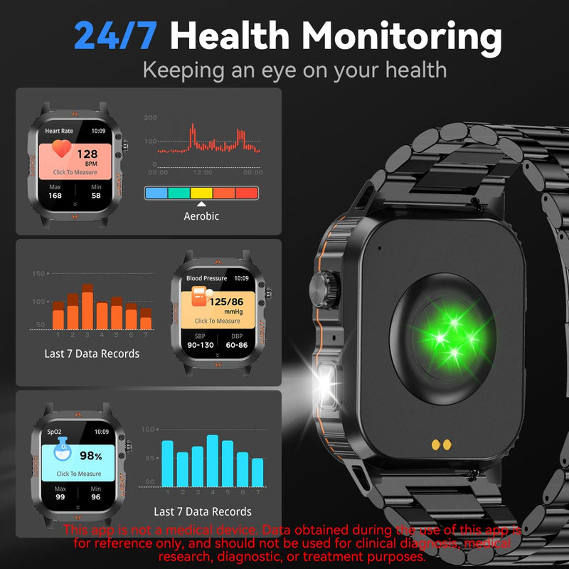 QTLLBT Men's Military Smart Watch 1500mAh Battery 30day IP68 Waterproof Suitable for Swimming Answer/Make Call Function Outdoor Tactical Smart Fitness Watch Heart Rate for Android & iOS Black Steelstrap