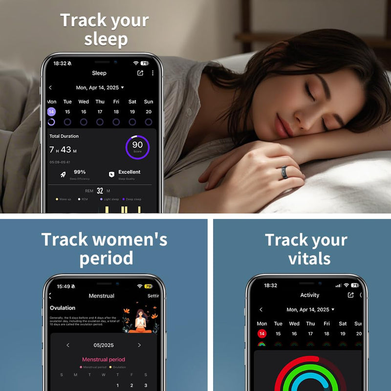 LED Touch Smart Ring for Women Men- Fitness Tracker with Heart Rate, Blood Oxygen, Sleep Tracker, Step Counter, 5ATM Waterproof, Touch Control Music/Video, No Subscription Fee for iOS/Android Black #8