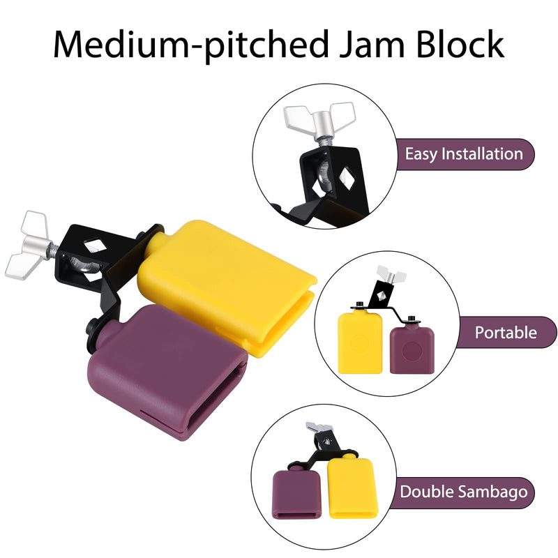Jam Block,Plastic Cow Bell Double Sambago Bell Jam Block for Band Practice,Festival Performance,Latin Percussion Instrument Kit (Yellow-Purple) 6.2 inch Yellow-Purple