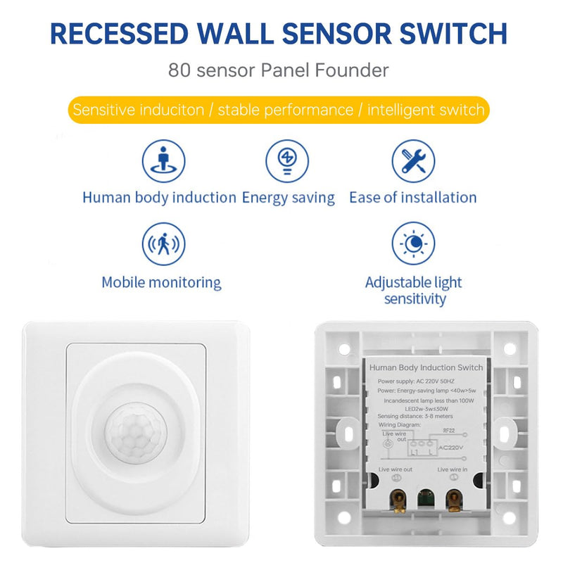 Acmerota PIR Motion Sensor Light Switch PIR Occupancy Sensor Switch 120 Degree Motion Sensor Light Switch with Occupancy Sensor Wall Mounted Automatic Switch 2 Core 50W 180V-240V