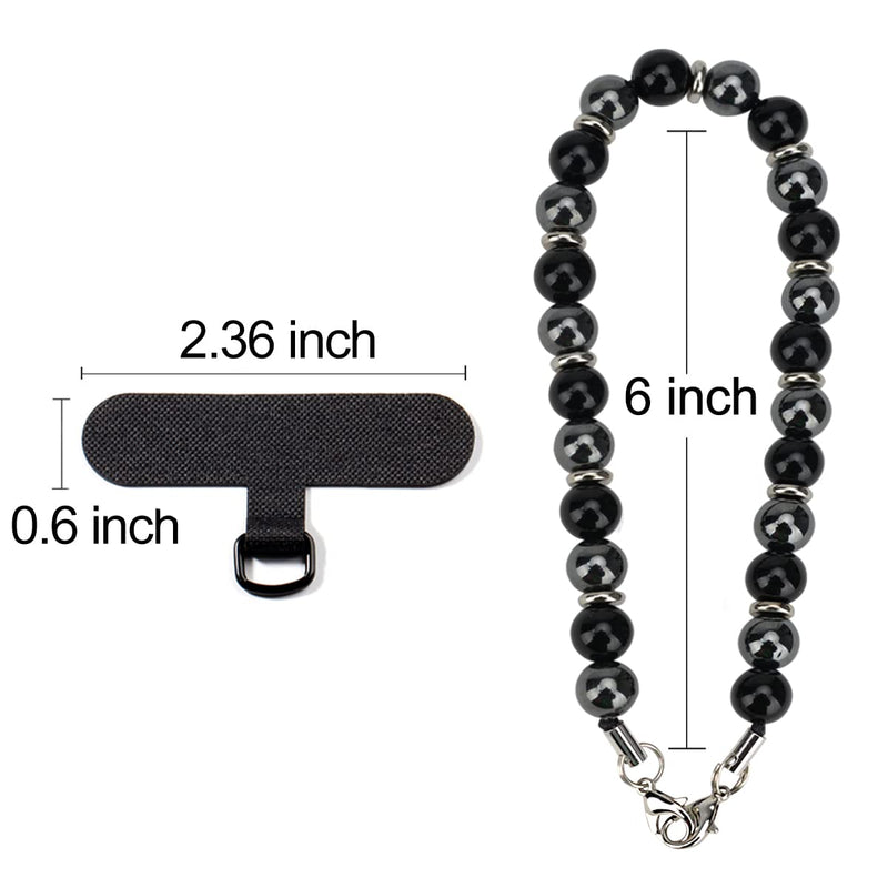 Marble Beaded Phone Wrist Strap, Cellphone Lanyard with Tether Tab, Hands-Free Wristlet Bracelet Obsidian Black
