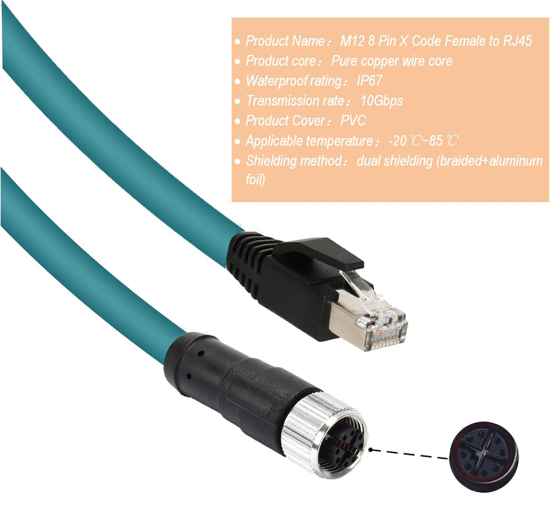 M12 X-Code 8 Pin Industrial Ethernet Cable, IP67 Waterproof Shielded Sensor Cable, Male to Female High-Flex Aviation Connector for Cognex Camera, PLC, Automation System Female X-8pin to male RJ45 5m