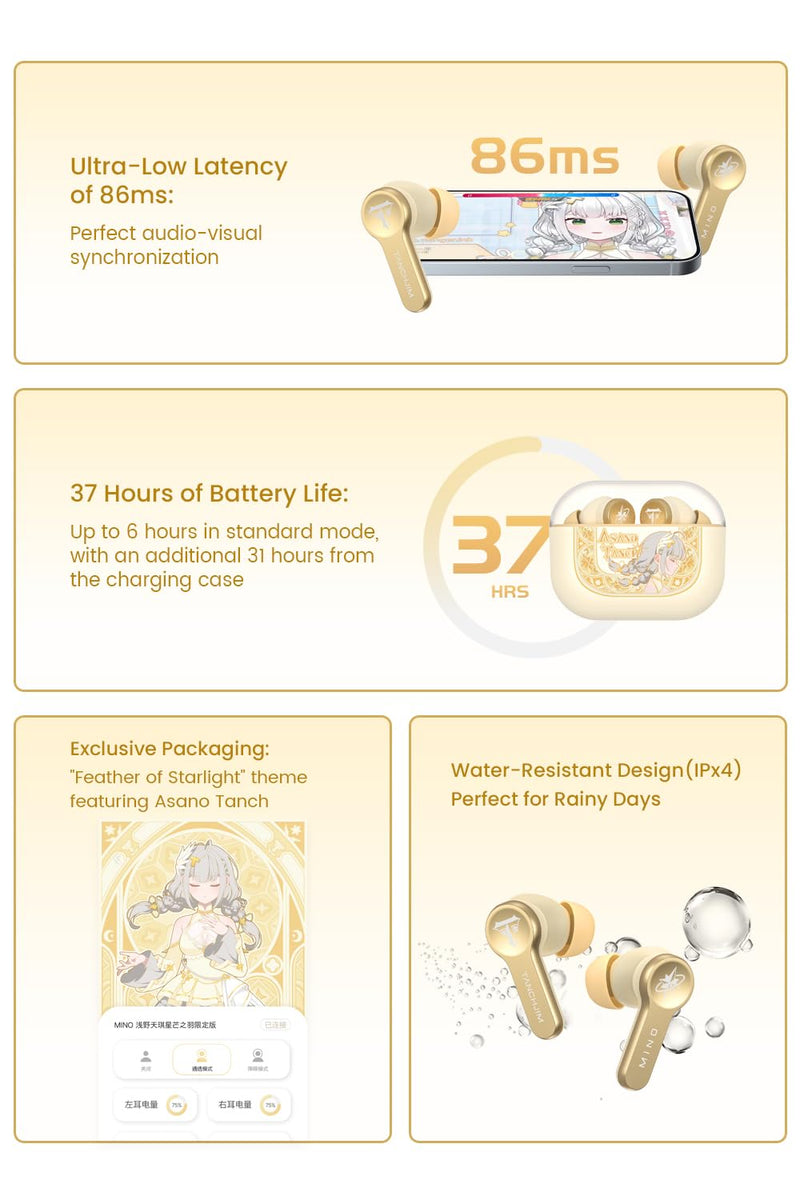 MINO ASANO Tench Active Noise Canceling Wireless Earbuds, HiFi Sound Quality ENC Gaming Earphones, Bluetooth 5.3 Instant Connection Lightweight IPX4 in-Ear Headphone Up to 37 Hours Playback
