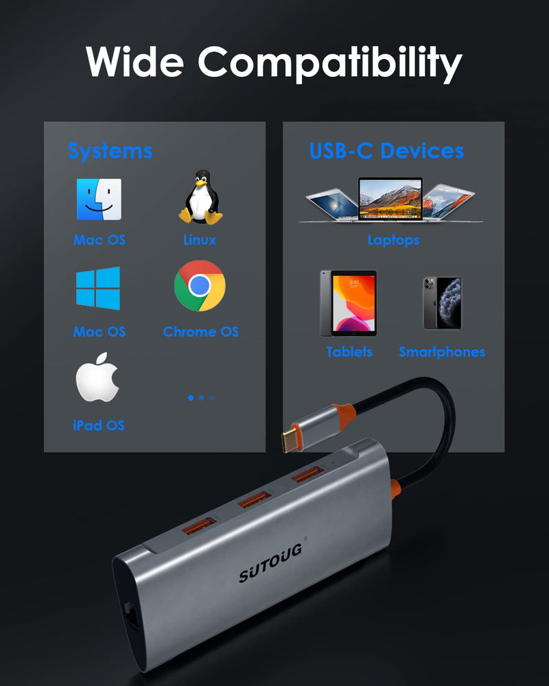 4 in 1 USB C Hub, USB C Adapter, USB Type C to USB 3.1 Adapter with SuperSpeed 10Gbps for MacBook Pro/Air Grey 3 USB 3.1 and RJ 45