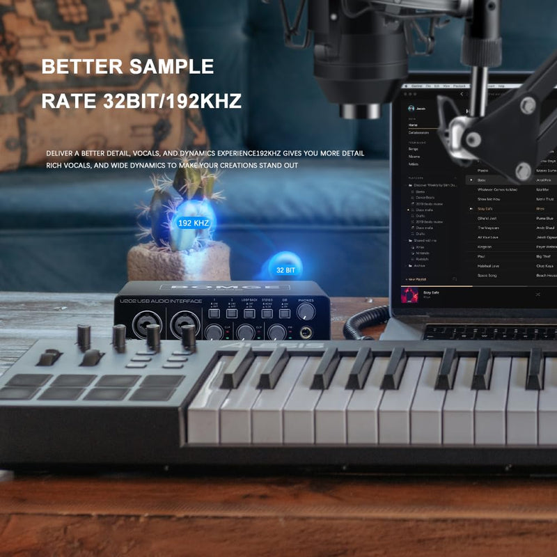 BOMGE U202 USB Audio Interface with Mic Preamplifier XLR/TSR/TS Ports,48V,32-Bit/192kHz Resolution fro computer recording,Streaming,Podcasting