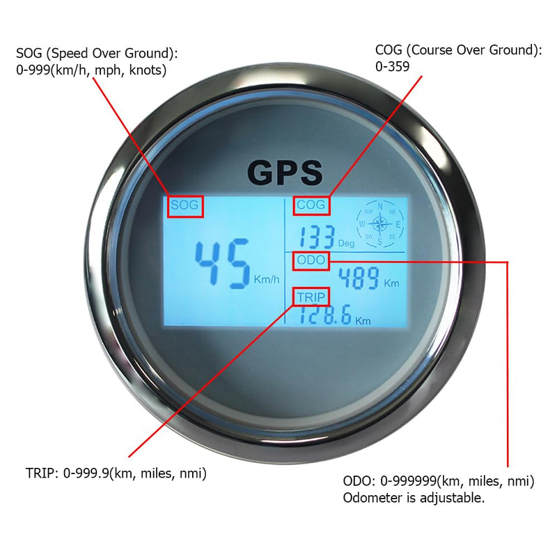 85mm 3 3/8" Boat Waterproof Digital GPS Speedometer MPH KM/H ODO COG Trip with 7 Backlights 12VDC 24V for Motorbike Boat Truck Racing Car (White&Silver) White&Silver