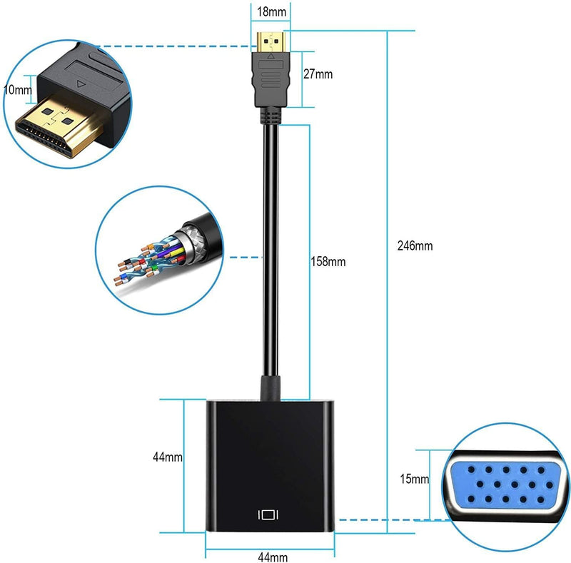 HDMI to VGA Adapter 10 Pack, Gold-Plated HDMI to VGA Converter (Male to Female), Compatible for Computer, Laptop, PC, Monitor, Projector, HDTV, Chromebook, Raspberry Pi, Roku, Xbox and More