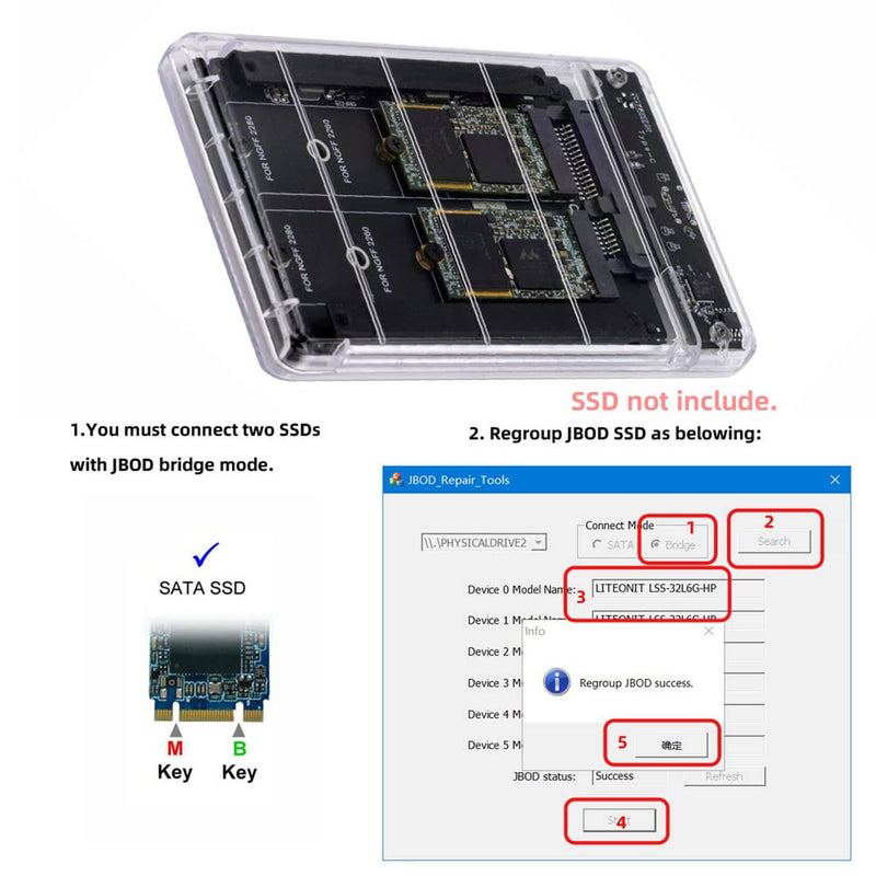 cablecc Dual NGFF B+M-Key M.2 SSD Card JOBD Raid0 Span Bridge to USB3.0 Type-C USB-C 2.5inch SATA Combo Enclosure Dual NGFF B+M-Key to USB3.0 SATA Enclosure