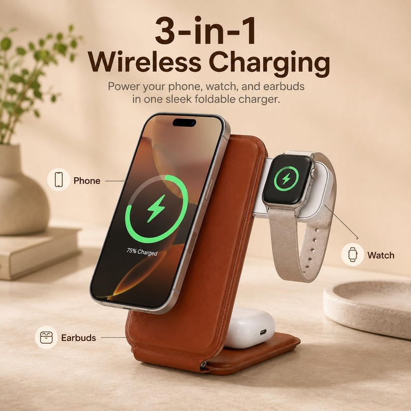 Trio 3-in-1 Wireless Charging Station for iPhone 12 and Newer, Apple Watch and AirPods, Foldable MagSafe-Compatible Charger Stand, Compact Leather-Look Travel Dock, Brown