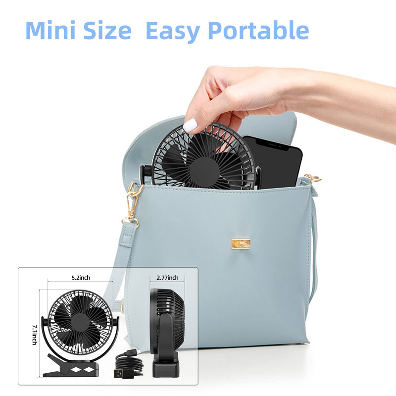 ATEngeus USB Desk Fan, 5000mAh Rechargeable Portable Fan, 5 Inch Clip-on Fan, 3 speed strong airflow, Dual 360° Rotation, with USB data cable, Suitable for home, office and stroller. (black) TF-28B-5''
