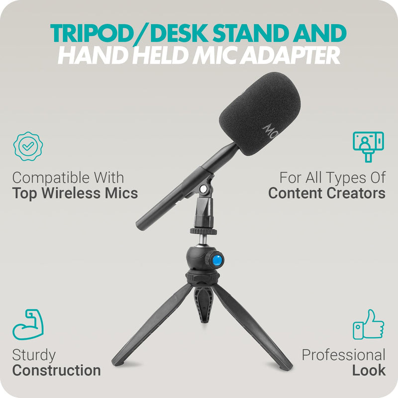 Movo WMX-HM Wireless Interview Microphone Adapter w/Mic Stand - Compatible with DJI Mic, Rode Wireless GO, Hollyland Lark, and More - Great for Podcasting, Interviews, Reporters, and Content Creation