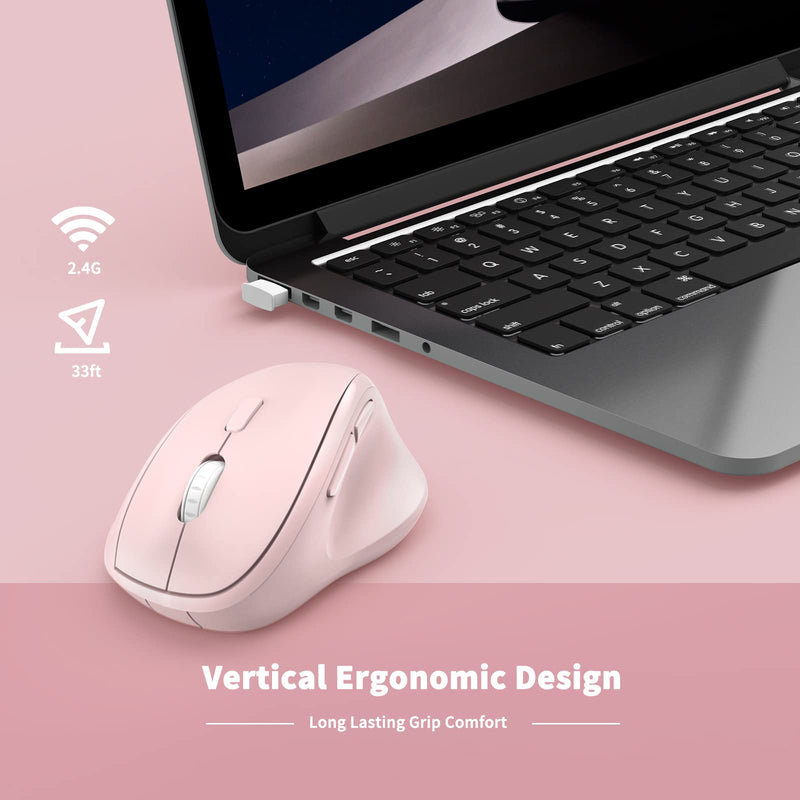 Ergonomic Wireless Mouse with USB Receiver for PC Computer, Laptop and Desktop, Ergo Mouse with Silent Clicks, About 16-Month Battery Life, Up to 1600 DPI & 1 AA Battery Powered, Pink