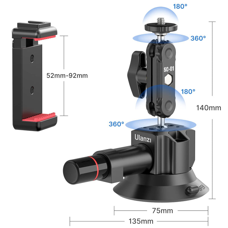 [AUSTRALIA] - UURig SC-01 Suction Mount 3" for Vlogging Action Camera Car w Smartphone Clamp Compatible with DJI OSMO Pocket 3/OSMO 360/Insta 360 x5/Xtra/iPhone 17 16 15 14Pro Max, 1/4" Magic Arm Windshield Window 3" SC-01 Suction Mount 