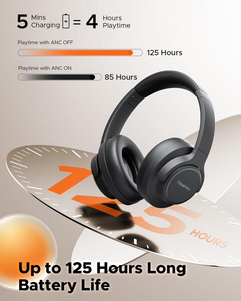 truefree HF10, Hybrid Active Noise Cancelling Foldable Headphones | Wireless Over Ear Bluetooth 6.0 ANC Headset, 125 Hours Playtime, Spatial Audio, Deep Bass, App Custom EQ, Dual Connection