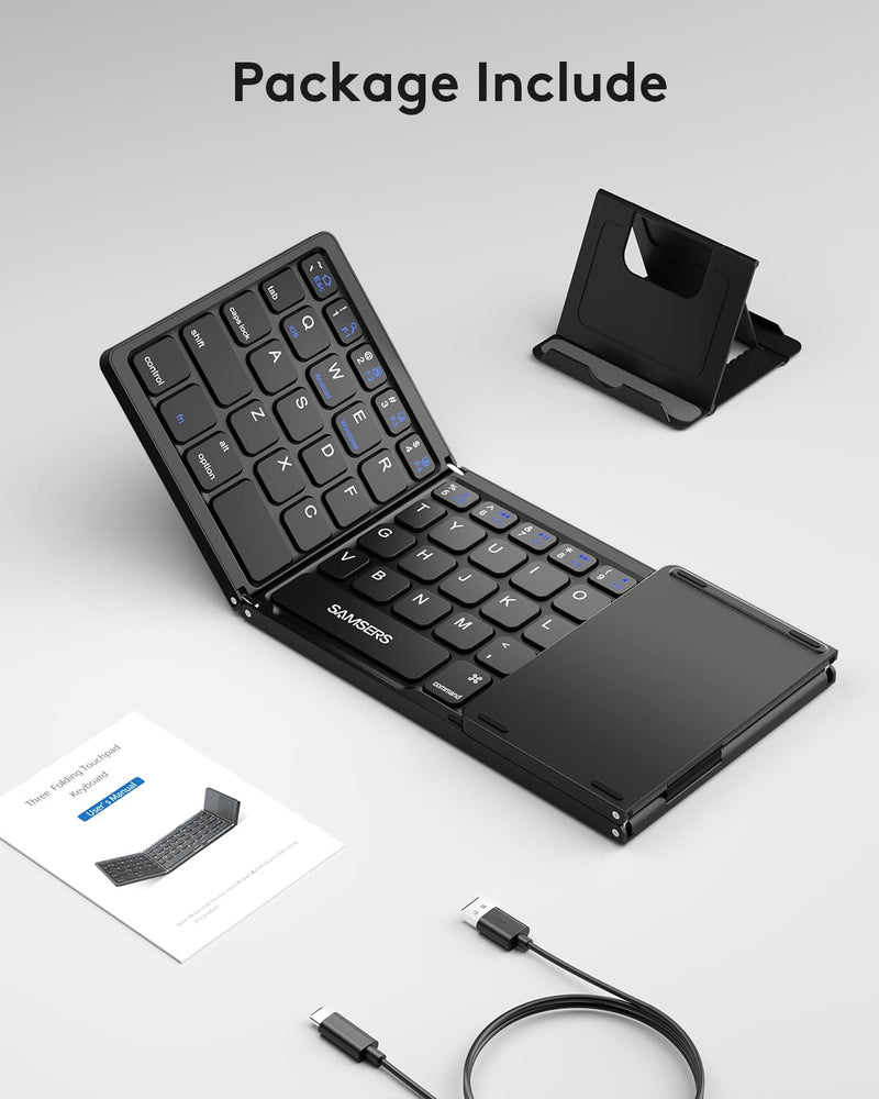 Samsers Foldable Bluetooth Keyboard with Touchpad - Portable Wireless Keyboard with Holder, Rechargeable Full Size Ultra Slim Pocket Folding Keyboard for Android Windows iOS Tablet & Laptop - Black BT x 1