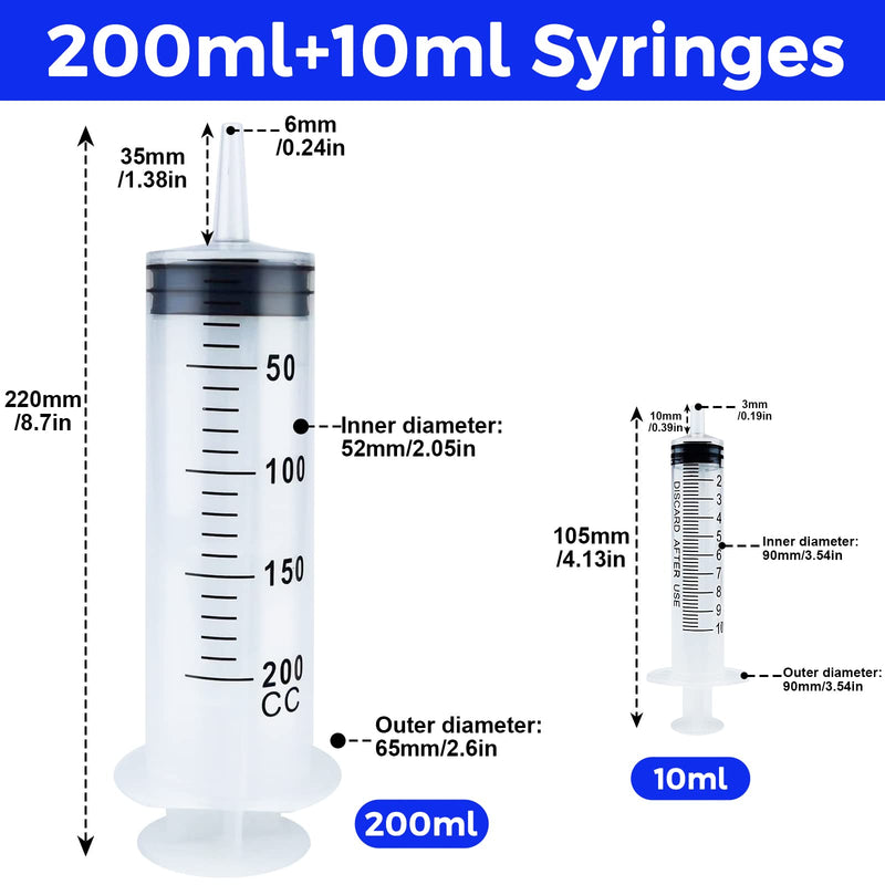 Bohoray Large Syringe 200 ml + 10 ml, Reusable Liquid Syringe with Catheter, Plastic Syringe Dosing Syringe with Cleaning Brush for Scientific Laboratories, Garden Watering, Industry 200ml 1