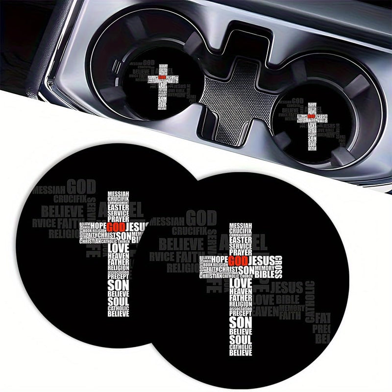 2pcs Cross Text Car Coasters Vintage Pattern Cup Holder Mat Vehicle | 2-piece set; designed to protect cup holders from dust and spills; fits cars, trucks and home or office cup holders. Cross Letter