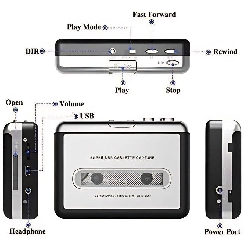 [AUSTRALIA] - Cassette to MP3 Converter with USB Power Supply, Plug and Play Tape Player for MP3 Conversion, Includes Audacity Software 