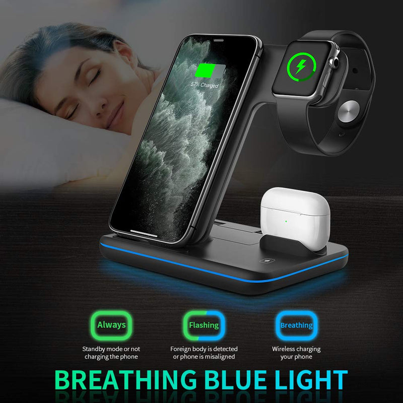 WAITIEE Wireless Charger 3 in 1, 15W Fast Charging Station for Apple iWatch SE/6/5/4/3/2/1,AirPods Pro, Compatible with iPhone 13/12/12 Pro Max/11 Series/XS Max/XR/XS/X/8/8 Plus/Samsung Galaxy (Black) Black