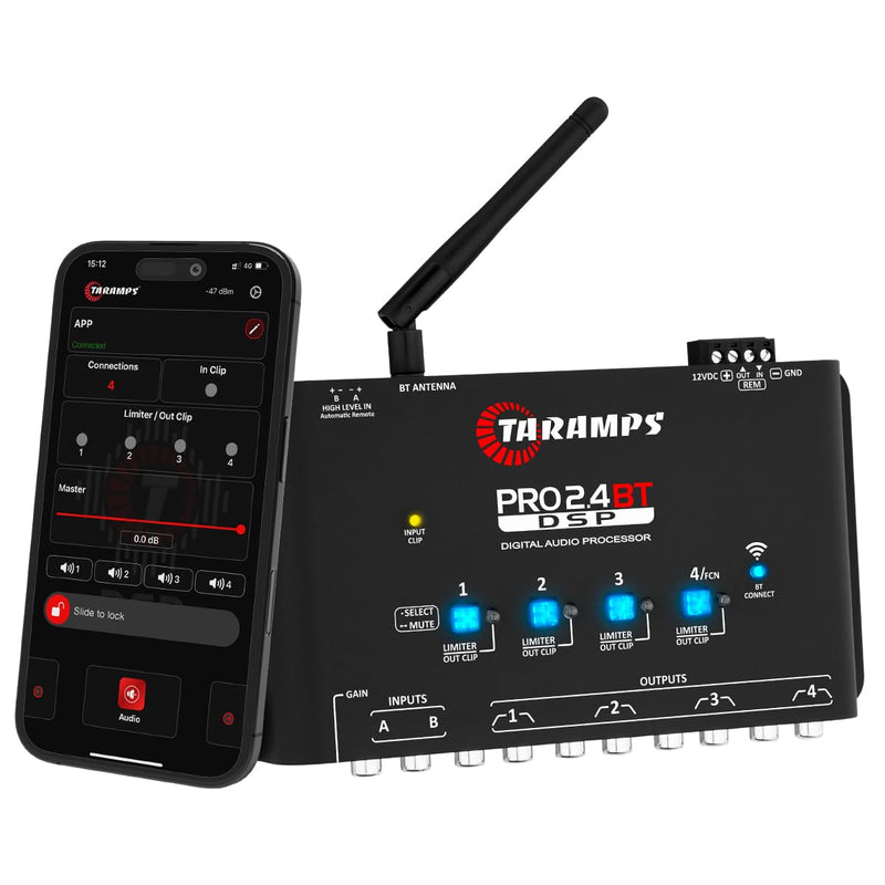 Taramps Pro 2.4 BT Bluetooth DSP Crossover Full, Digital Signal Processor, Car Audio Equalizer with App, Gain up to 9V, 15 Band Graphic Equalization, 12 preset EQ, 2 in and 4 Out, High Level Input