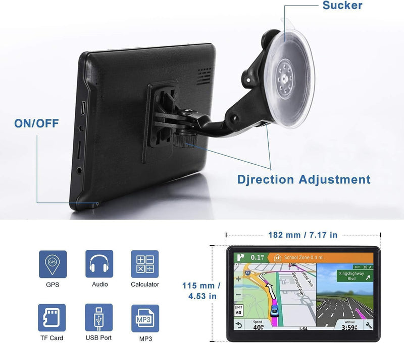 7" Car GPS,2026 NA Lifetime Free Map,256MB+16GB Voice Speed Red Light Alert | 3D Nav Maps, Multi-Language Voice Broadcast, Data-Free Offline Nav, Truck Restriction Alert, Sensitive Capacitive Touchscreen