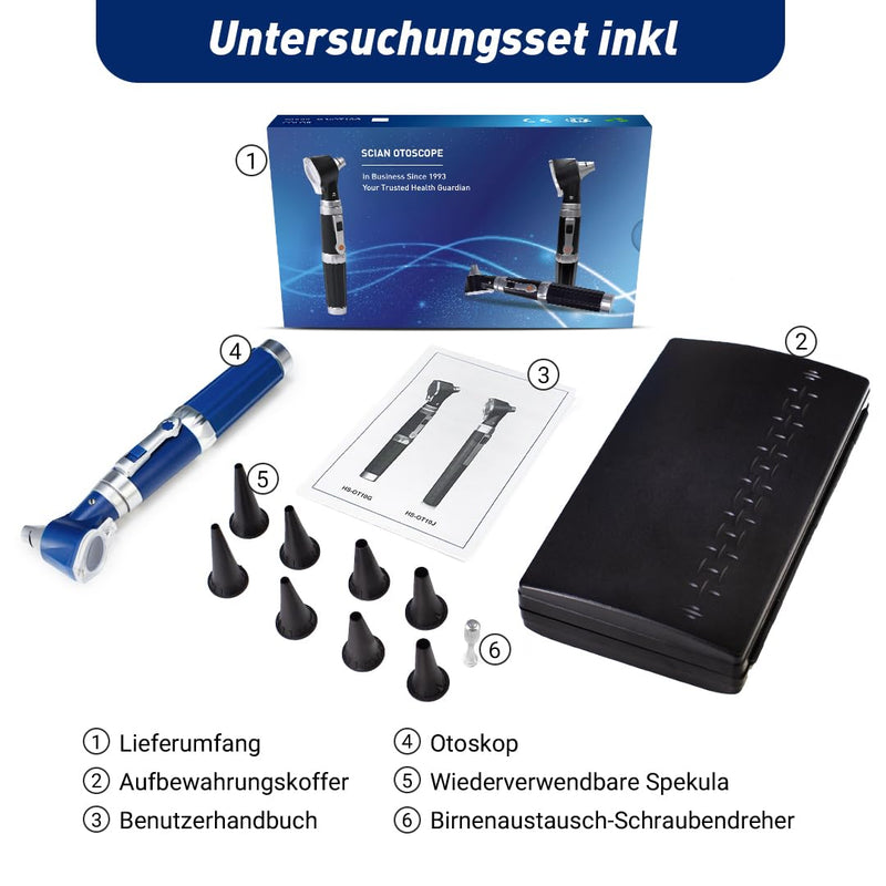 SCIAN Otoscope with Light, Ear Infection Detector and Pocket Ear Scope, Includes Hard Plastic Case, Suitable for Children, Adults, Doctors, Pets, Available in Several Colours (Blue2) Blue 2