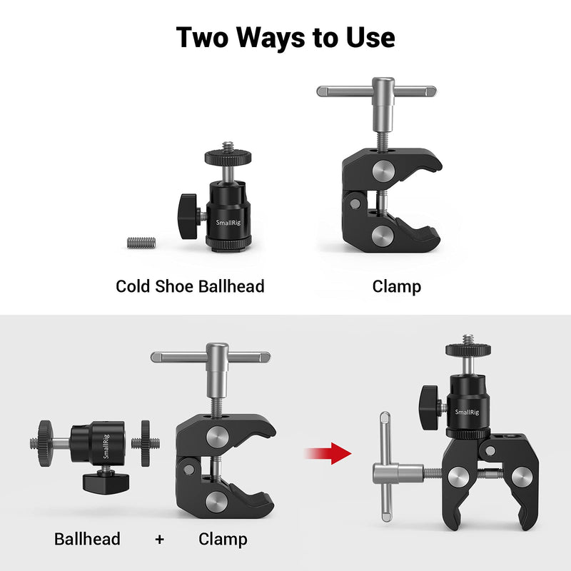 [AUSTRALIA] - SmallRig Super Clamp Mount with Mini Ball Head Mount, Hot Shoe Adapter with 1/4 Screw for LCD Field Monitor, LED Lights, Flash, Microphone, for Gopro, for DJI Action 2, for Insta360 