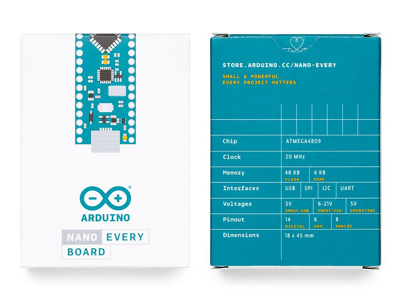 Arduino Nano Every [ABX00028] – ATmega4809, 48KB Flash, 6KB SRAM, 20 Digital I/O, 8 Analog Inputs, Micro USB Type-B, Compatible with Arduino IDE for Embedded Projects Arduino Nano Every (Single Board)