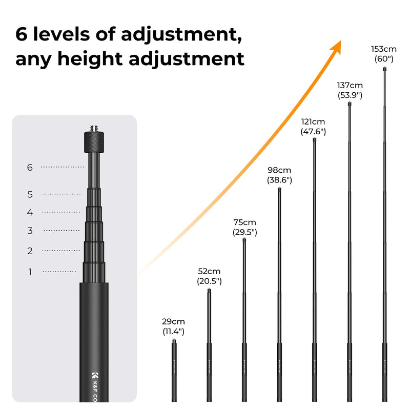 K&F Concept 60 inch Invisible Selfie Stick, Extension Pole compatiable with Insta360 Sports Camera, GoPro, DJI Action, 1/4" Extended Monopod Pole with GoPro Adapter