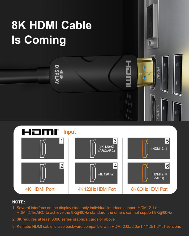 10K 8K 4K HDMI 2.1 Cable, CL3 Rated in Wall 48Gbps Ultra High Speed Cable 60 Ft Long, Slim & Light Unidirectional Fiber Optic HDMI, Support 8K@60Hz 4K@120Hz, D-HDR, EARC Dolby Atmos Uni directional Black